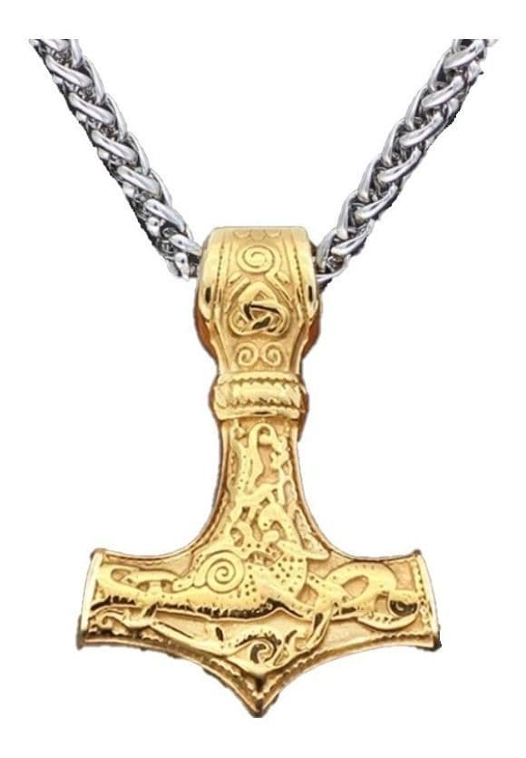 Collar Vikingo Gold Martillo Thor Nordico Hombre Titanio Dorado