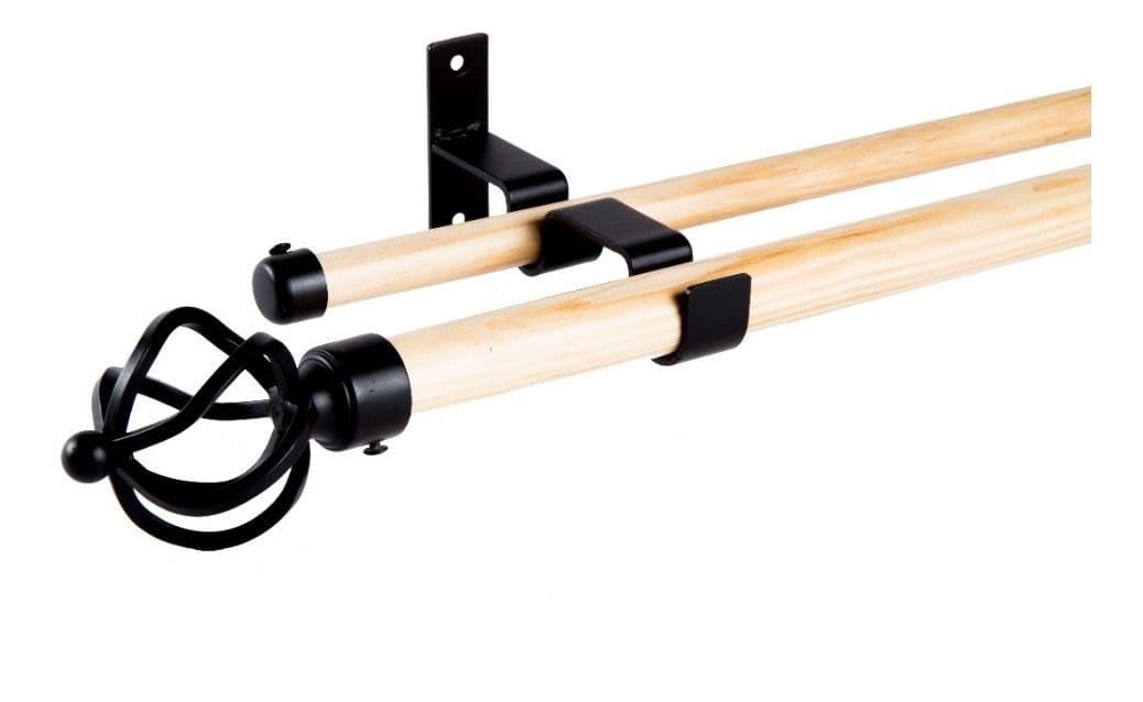 Set Barras para Cortina Doble 19/28 Mm de Madera y Metal 1,50 Mt Negro Bola Alambre