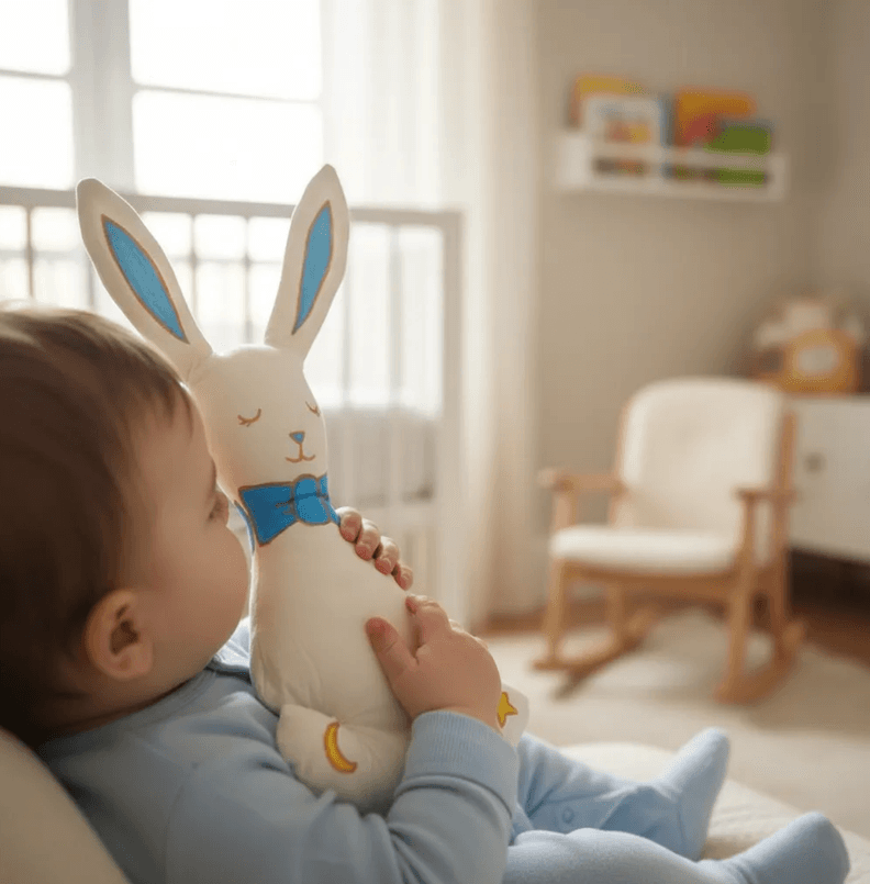 Conejo de apego pintado a mano en 100% algodon relleno antialergico Montessori 32 cm