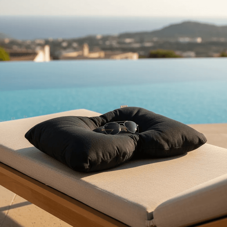Almohada cervical ortopedica cojin lona impermeable para tomar sol. Piscina, playa, camping y viaje Negro