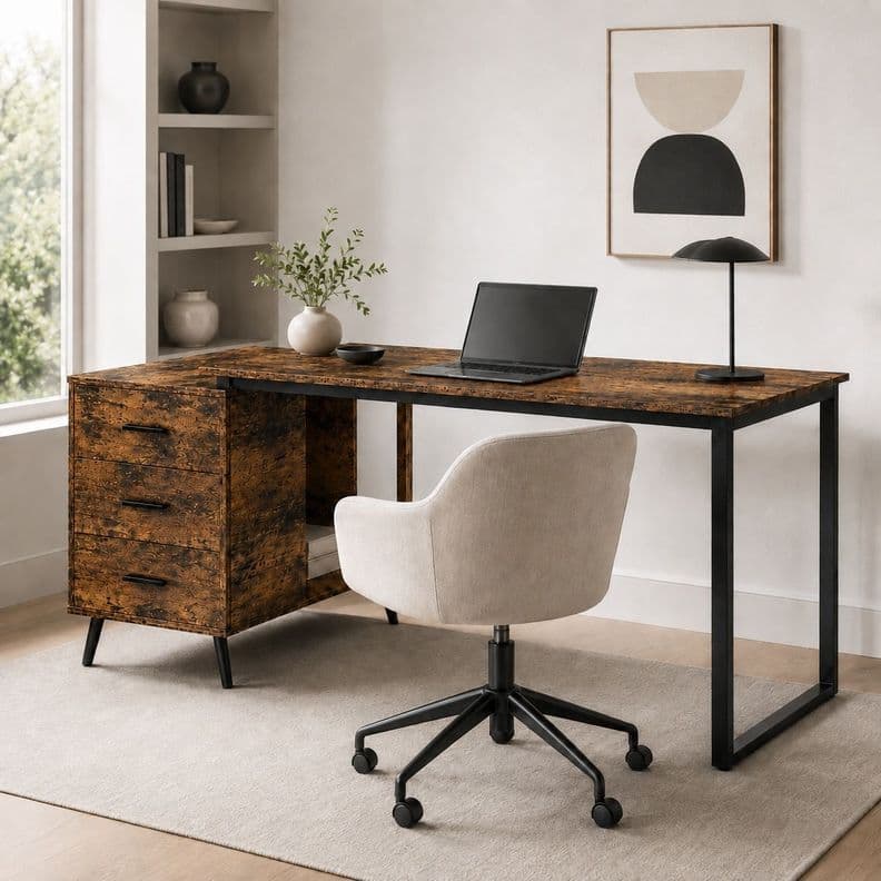 Escritorio Atlas Blackwood 140 cm con Cajones y Patas Metal y Estructura Reforzada