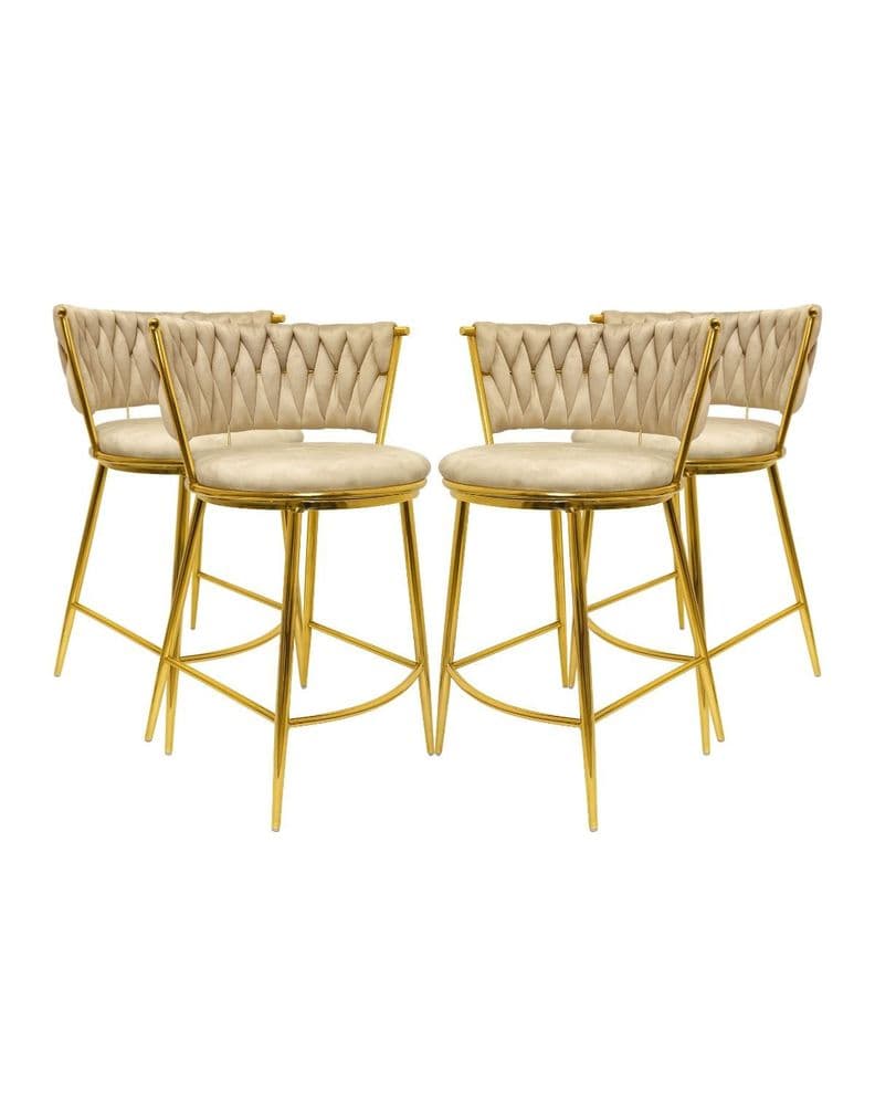 PACK 4 TABURETES FIJO SILLA DE BAR 66 CM QUEEN FELPA DORADO Beige
