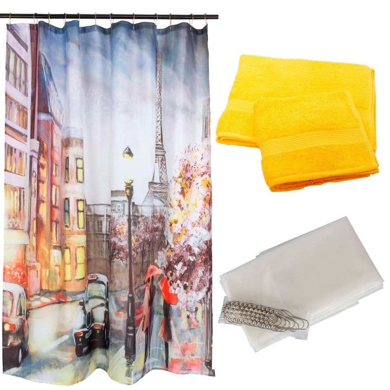 Set Cortina Bano Paris Taxi + Juego de Toallas amarillo