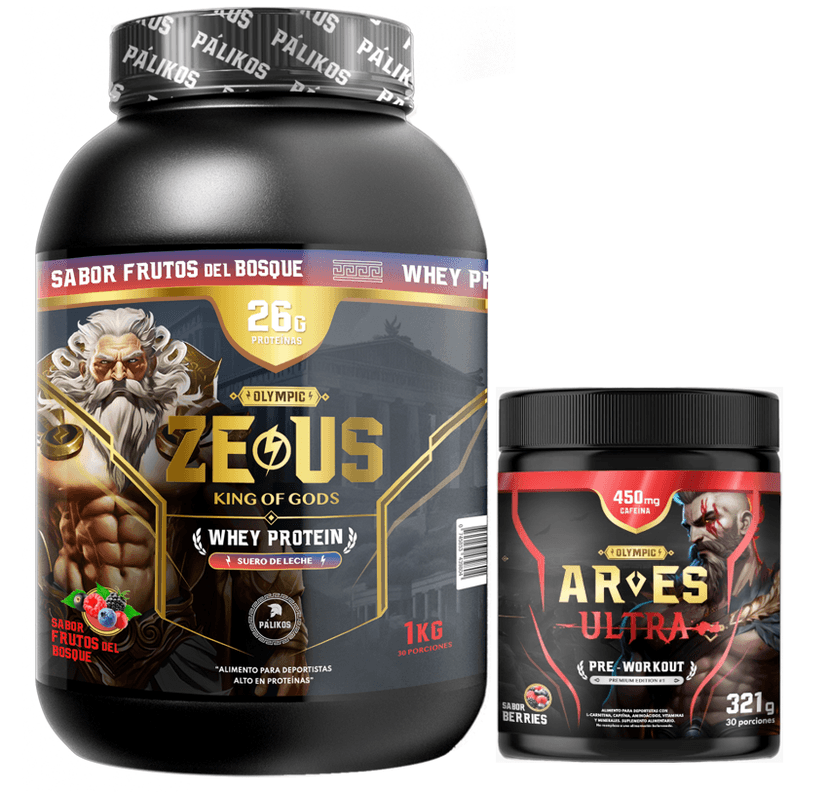Proteina Zeus 1kg Frutos del bosque + Ares Ultra 450 mg cafeina.