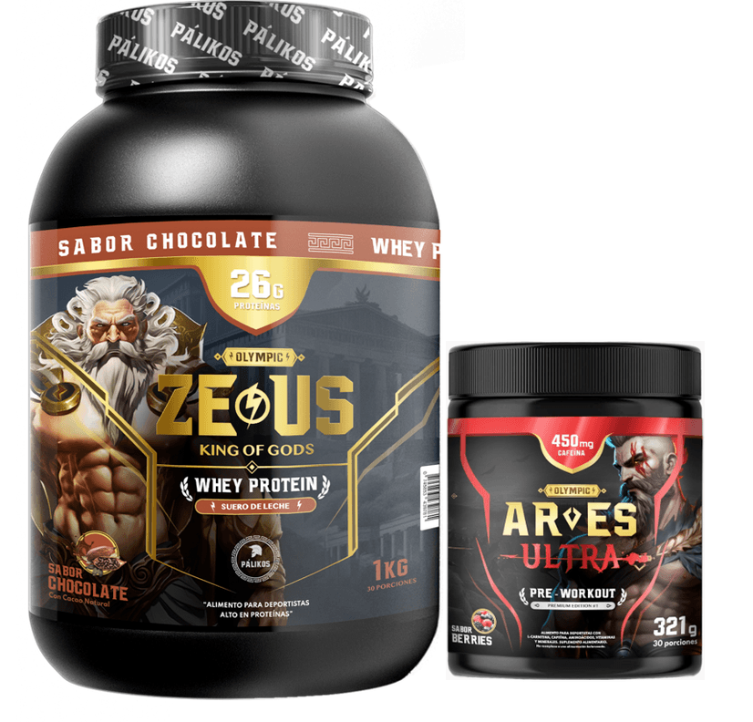 Proteina Zeus 1kg Chocolate + Ares Ultra 450 mg cafeina.