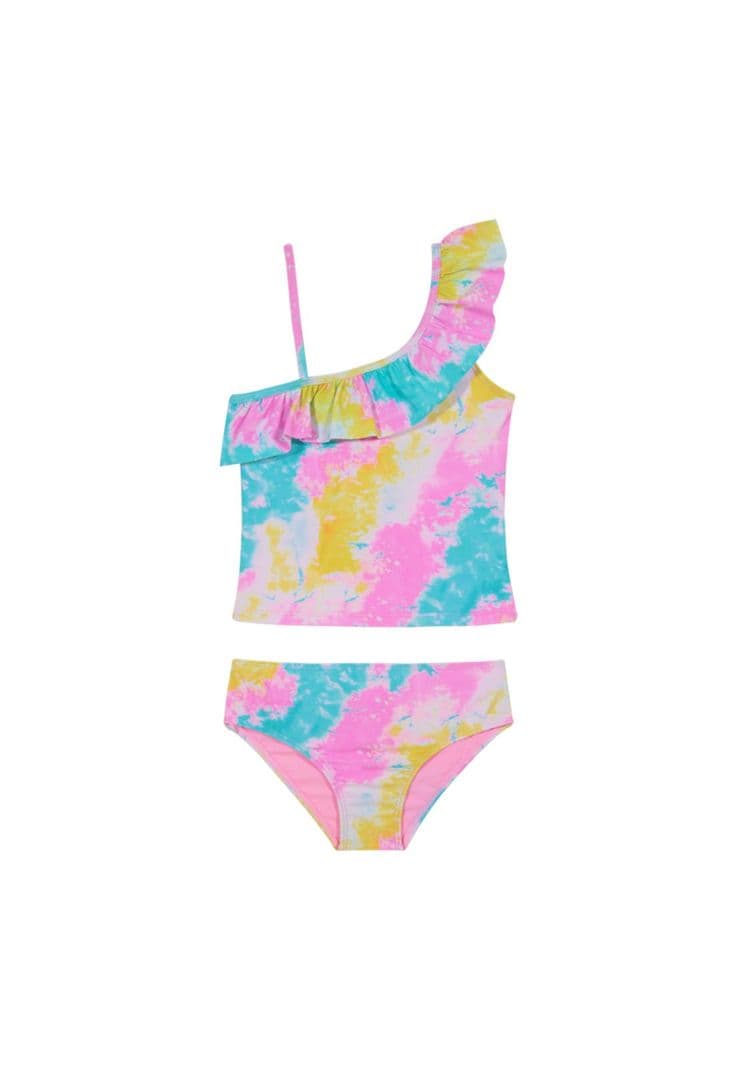 Traje de Bano Tankini UV30+ con Vuelos Un Hombro para Nina Rosado 4