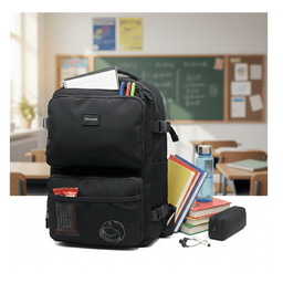 Mochila Escolar Reforzada Negra / Azul Gran Capacidad y Multibolsillos Incluye Puerto USB - Cable Negro