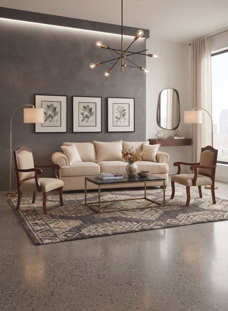 Juego de Living 311 Antonia beige claro sofa con resortes + 2 sitiales madera