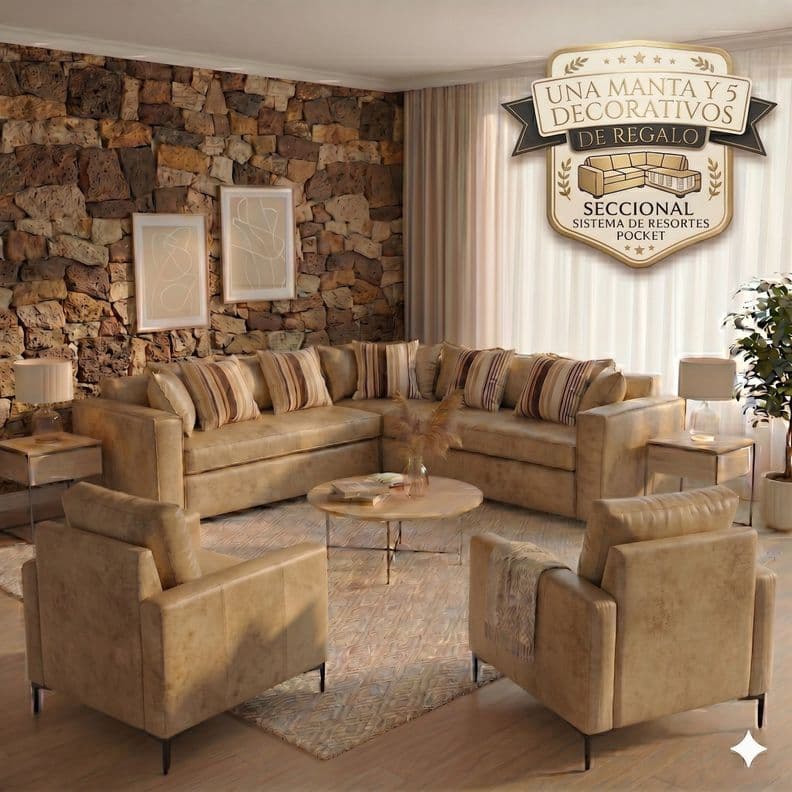 Living 311 New Orleans Beige cuero sintetico envejecido seccional +2 poltronas resorte pocket