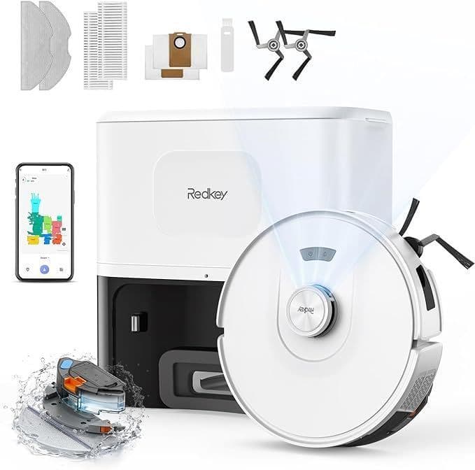 Marca Redkey D8 Robot Aspirador y Fregasuelos 200mins 20000Pa Aspirador Robot con Base 4L Auto Vaciado Blanco