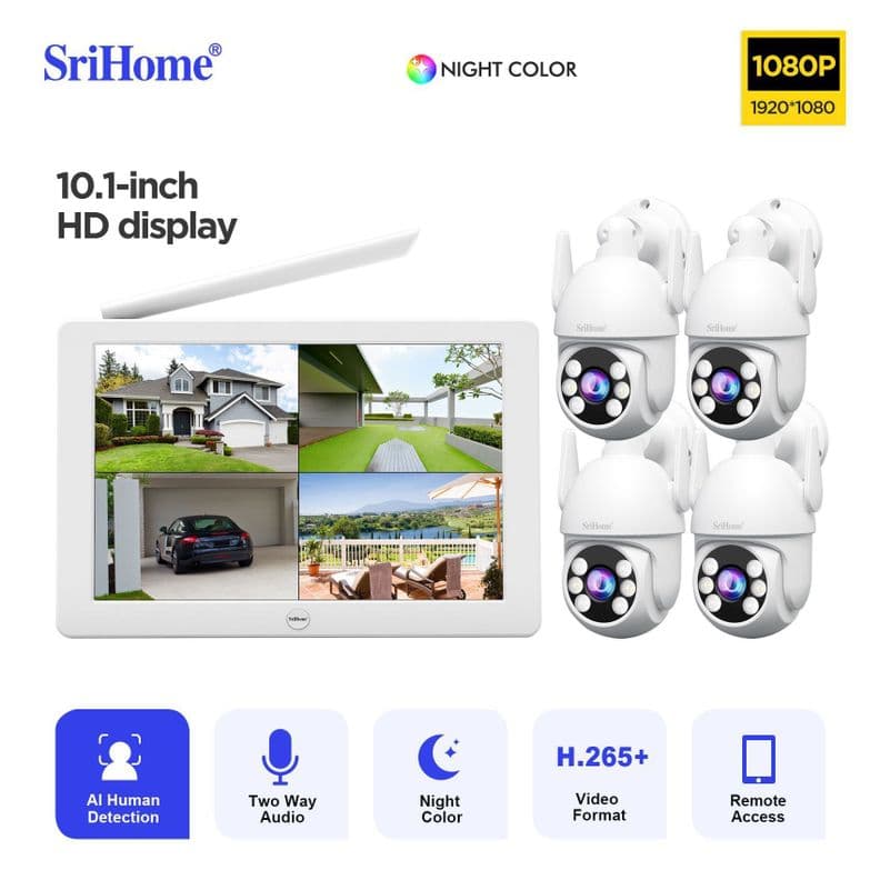 Kit NVR Srihome 4 camaras IPC059 PTZ Wifi 2MP NVS009 con pantalla 8CH