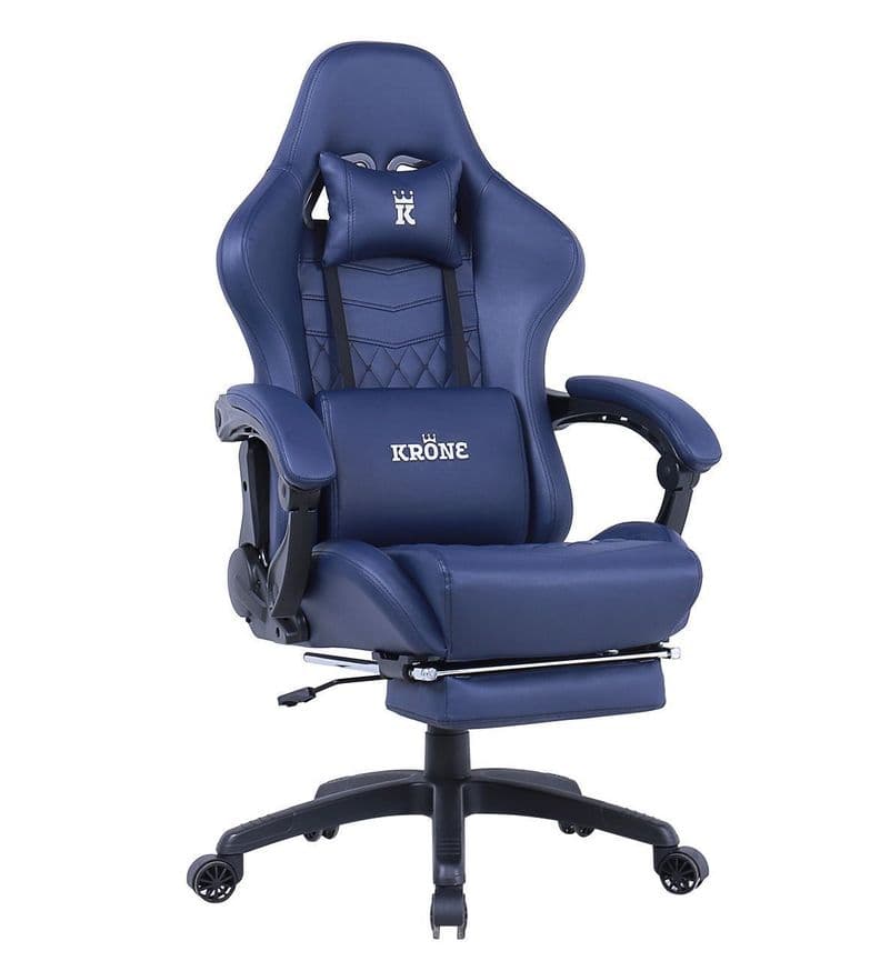 Silla Gamer Krone XL Reclinable + Masaje Lumbar + Apoyapies Azul