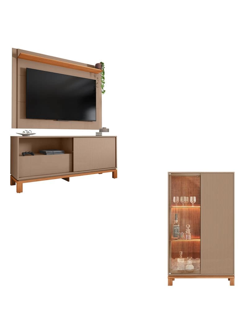 Panel TV + Rack 1.5m + Vitrina + Mondrian Off White Gris