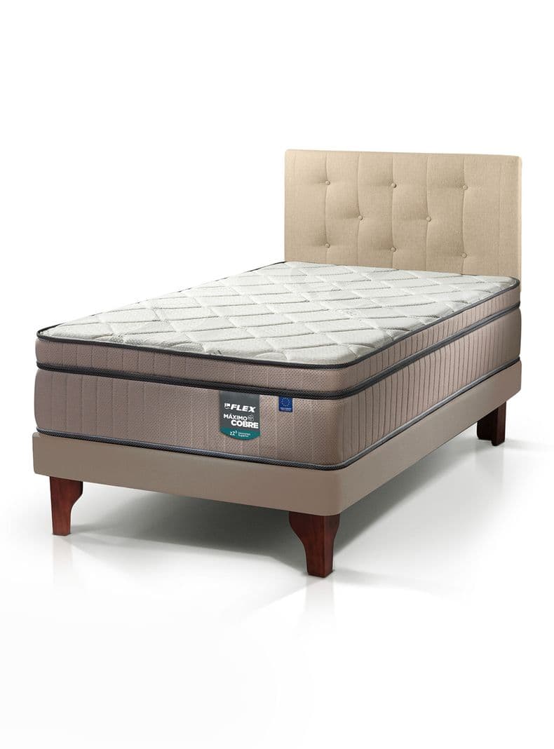 Cama Europea Arena Maximo Cobre 1.5 Plazas Base Normal + Respaldo Almendra