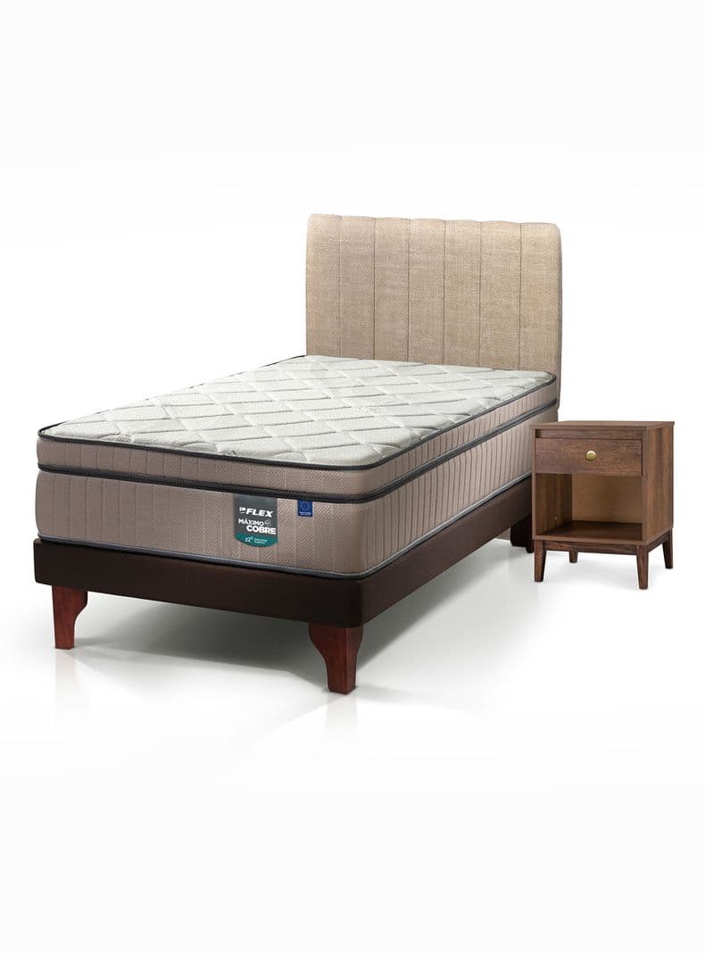 Cama Europea Maximo Cobre 1.5 Plazas + Respaldo Beige + Velador Atenas