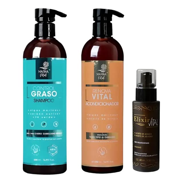 Shampoo Control Graso, Acondicionador Y Serum Marina Vital