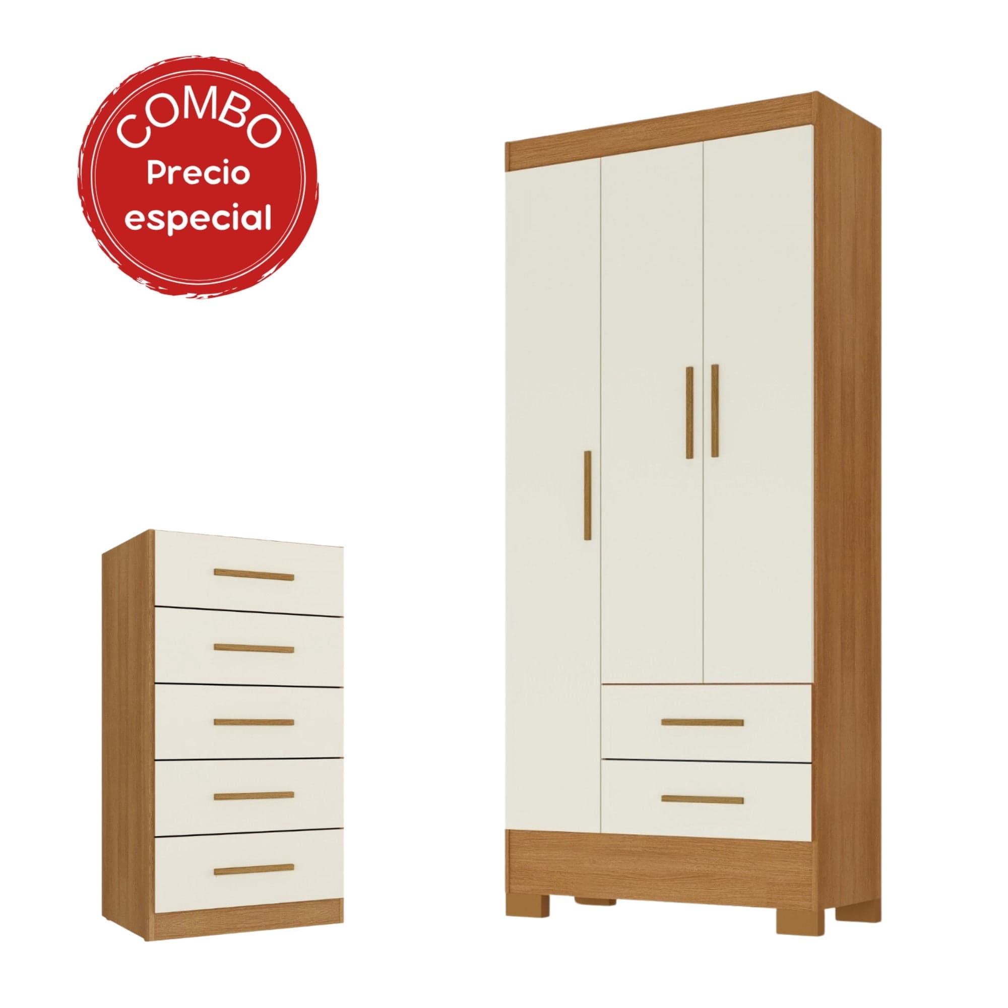 Closet Ro32-Co5Co 3 Puertas 2 Cajones + Comoda 5 Cajones Canela - Off White