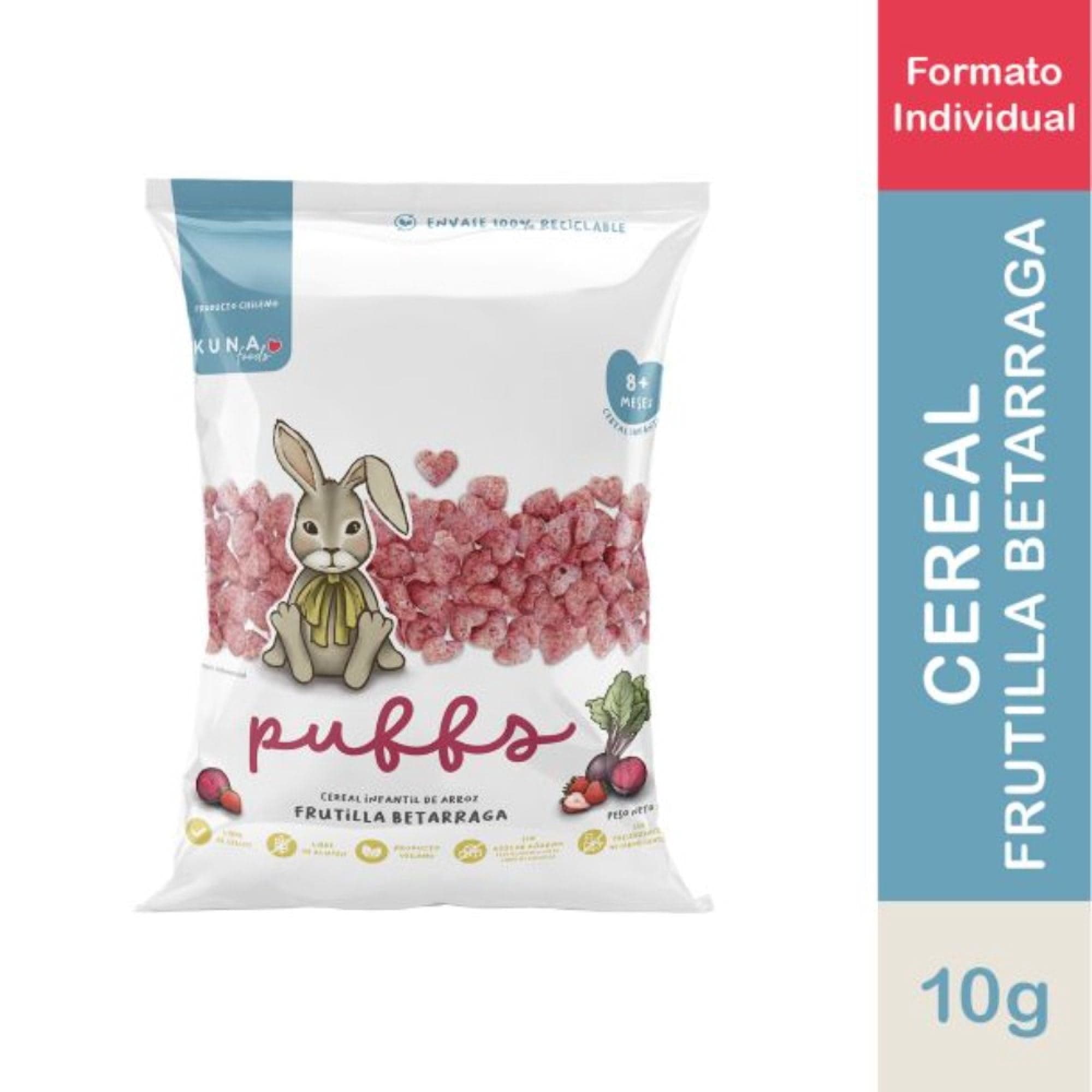 Cereal Infantil de Arroz Puffs Sabor Frutilla Betarraga, 10 g