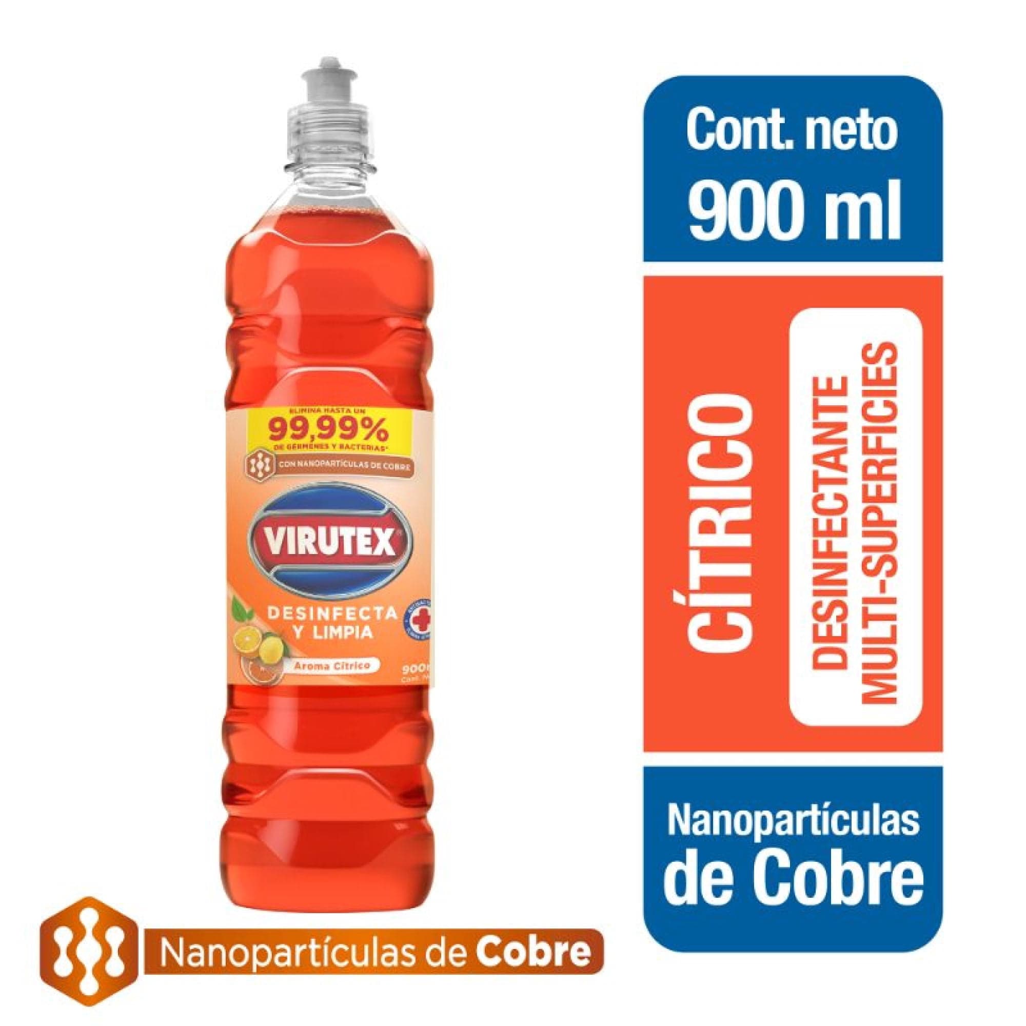 Limpiador Desinfectante Liquido Citrico con nanopaticulas de cobre Botella, 900 ml
