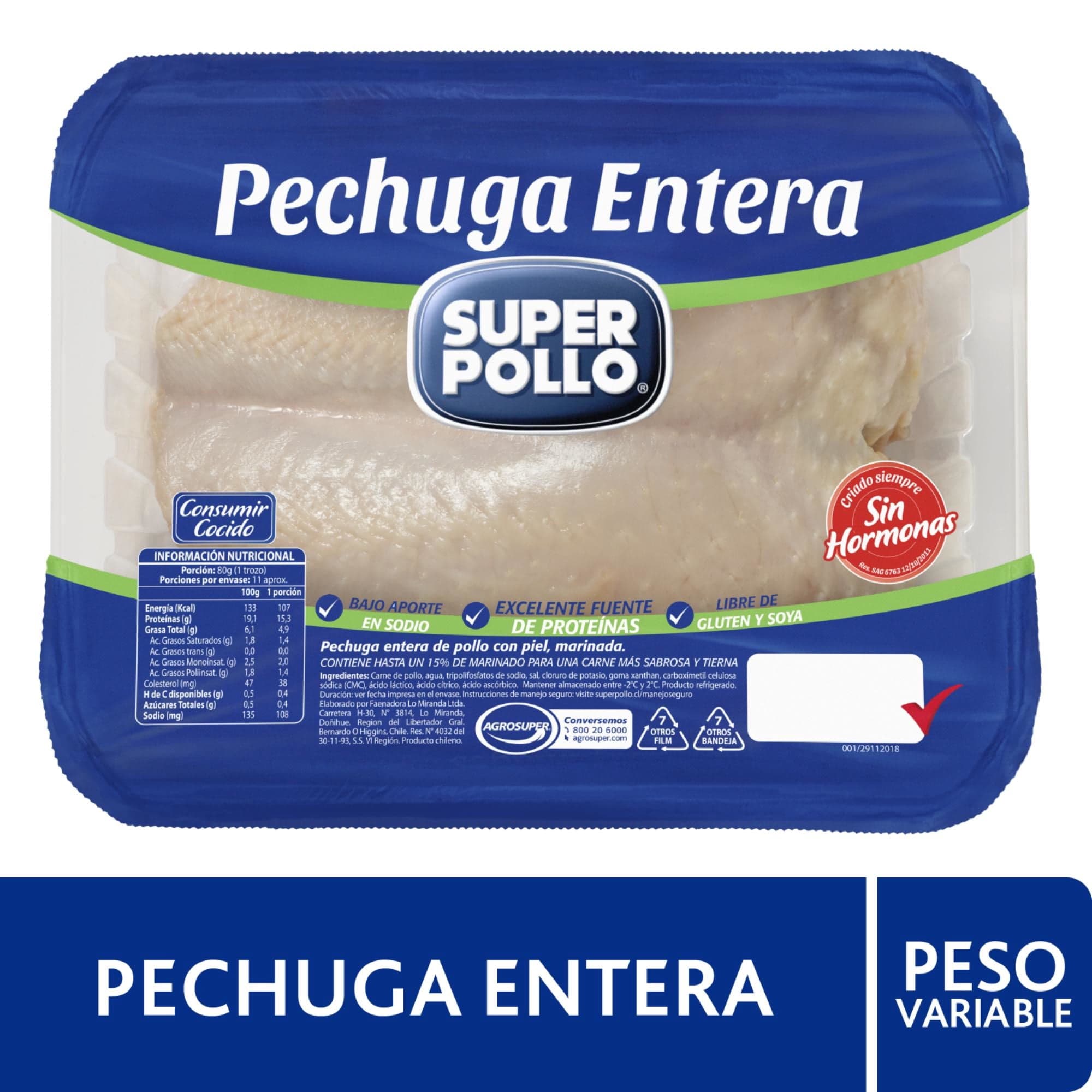 Pollo Pechuga Entera Envasada, kg