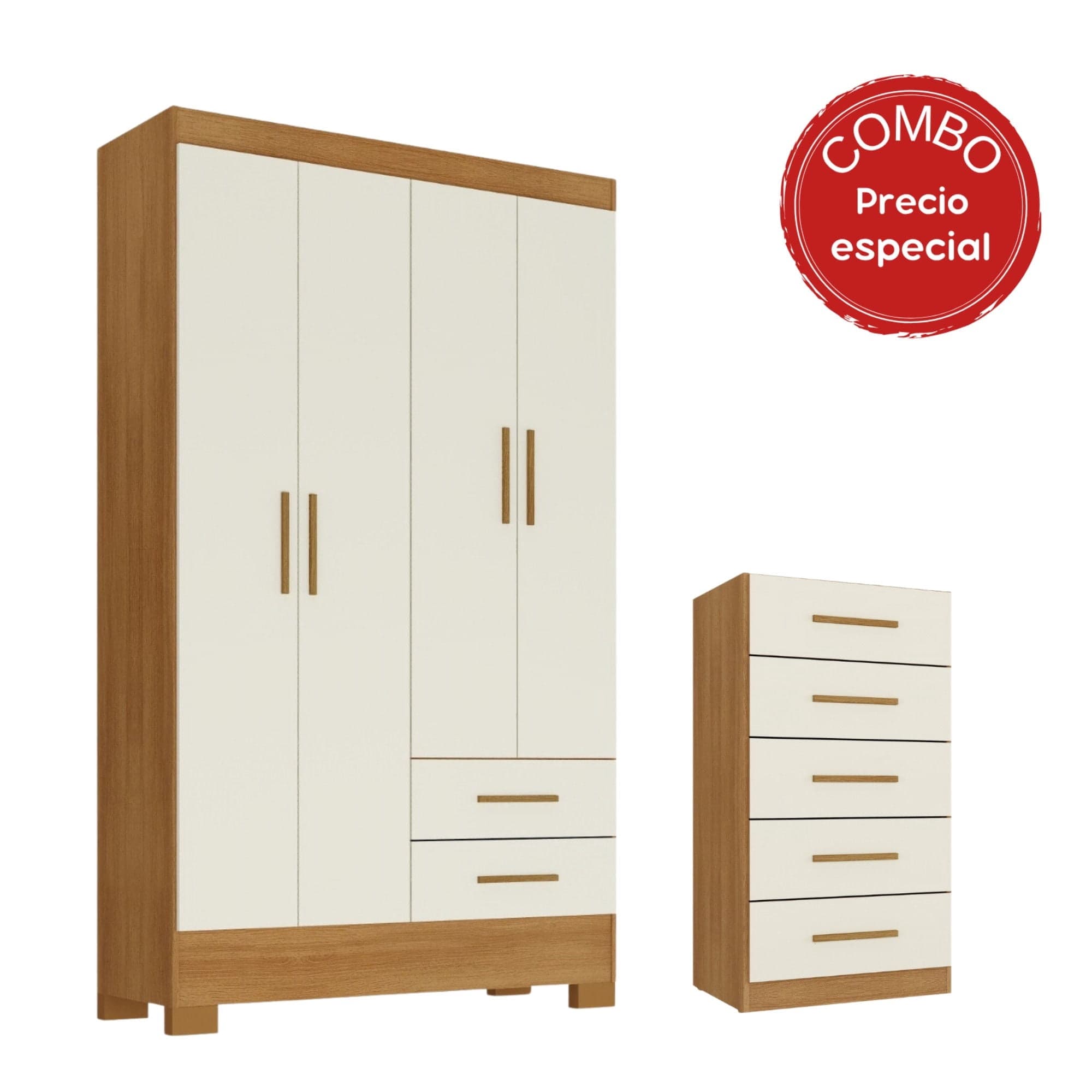Closet Ro42-Co5Co 4 Puertas 2 Cajones + Comoda 5 Cajones Canela - Off White